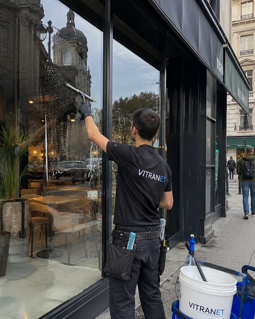 Technicien VITRANET nettoyant la vitrine d'un commerce place Bellecour à Lyon