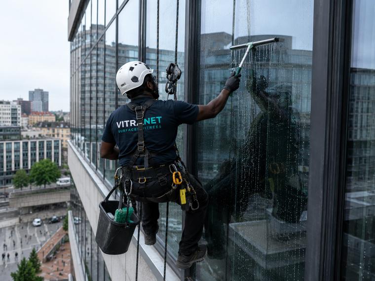 Technicien en accès sur cordes sur la façade vitrée d'une tour de bureaux